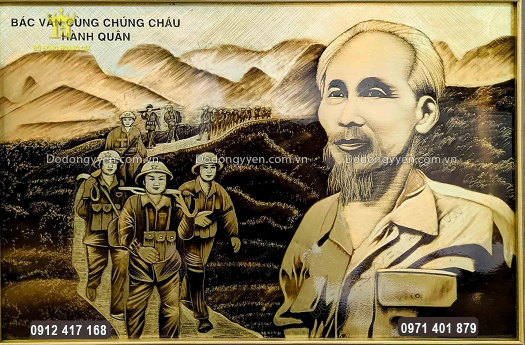 H&igrave;nh ảnh B&aacute;c Hồ c&ugrave;ng c&aacute;c ch&uacute; bộ đội được vẽ xước sắc n&eacute;t, c&oacute; hồn